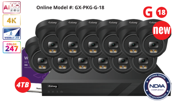 16-channel NDAA Galaxy Color-V full color 4K AI IP turret security camera kit with multiple cameras and mounting hardware.