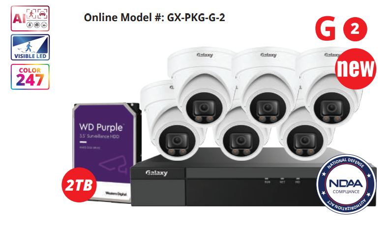 8CH NDAA Galaxy Color-V 5MP AI IP turret security camera kit with full color imaging and advanced surveillance features.