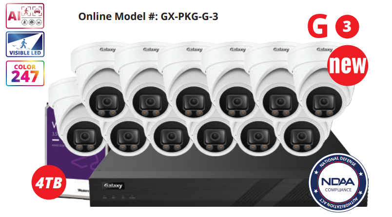 16-channel NDAA Galaxy Color-V 5MP AI IP turret camera kit with full color imaging and advanced surveillance features.
