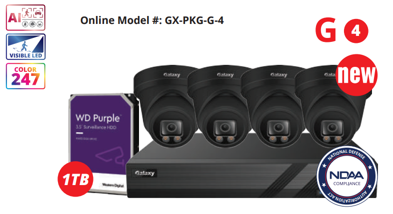 4-channel NDAA Galaxy Color-V 5MP AI IP turret security camera kit with full color imaging and advanced surveillance features