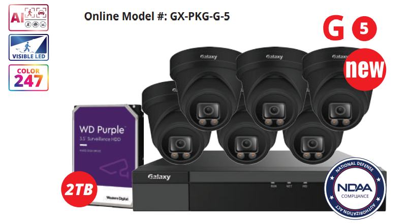 8-channel NDAA Galaxy Color-V 5MP AI IP turret security camera kit with full color imaging and advanced surveillance features.