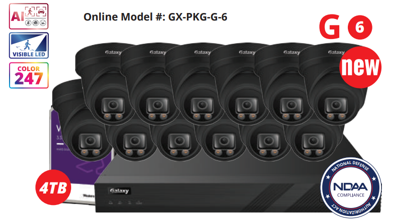 16-channel NDAA Galaxy Color-V full-color 5MP AI IP turret security camera kit with multiple cameras and accessories.