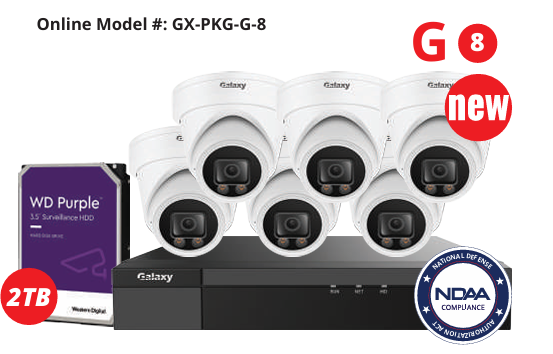 8-channel NDAA Galaxy Color-V 5MP AI IP turret camera kit with full color imaging and advanced surveillance features.