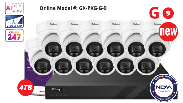 16-channel NDAA Galaxy Color-V 5MP AI IP turret security camera kit with full color imaging and advanced monitoring features.