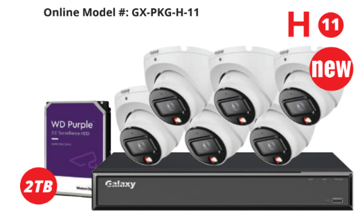8-channel Galaxy Hunter 4-channel 8MP color AI IP security camera kit with advanced surveillance features, includes multiple cameras and accessories.