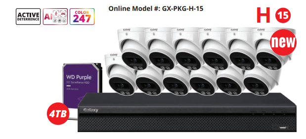 Galaxy Hunter 16-channel 4MP active deterrence color AI IP security camera kit with night vision and motion detection.
