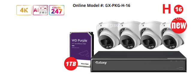 Galaxy Hunter 8MP/4K Color247 AI 4CH IP security camera kit with human and vehicle detection, four cameras, and sleek design.