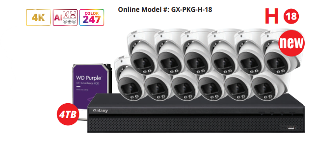 Galaxy Hunter 8MP/4K Color247 AI 16-channel IP security camera kit with human and vehicle detection, featuring high-resolution cameras.