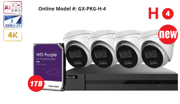 4-channel HiLook 8MP Color247 AI IP security camera kit showing cameras and network equipment for home or business surveillance