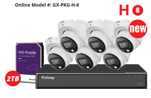 8-channel Galaxy Hunter 4-channel 6MP color AI IP security camera kit with multiple cameras and recording equipment.