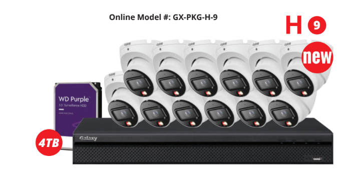 16-channel Galaxy Hunter 4-channel 6MP AI IP security camera kit with color night vision and advanced surveillance features.