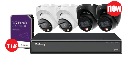 Galaxy Security Galaxy Hunter 4CH 6MP AI IP security camera kit with black or white cameras, high-resolution color surveillance system.