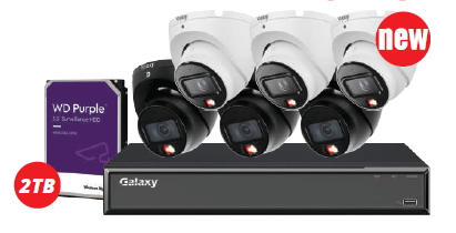 Galaxy Security Galaxy Hunter 8CH 6MP AI IP security camera kit with black or white cameras, featuring color video and advanced AI detection