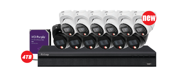 Galaxy Security Galaxy Hunter 16CH 6MP AI IP security camera kit with black or white cameras, featuring color night vision.