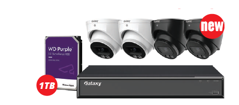 Galaxy Security Galaxy Hunter 4CH 4MP AI IP security camera kit with active deterrence in black or white, for loss prevention.