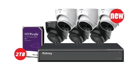 Galaxy Security Galaxy Hunter 8CH 4MP AI IP security camera kit with active deterrence, available in black or white, for loss prevention.