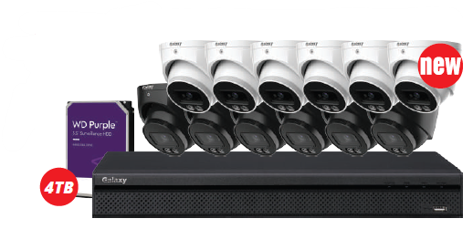 Galaxy Security Galaxy Hunter 16CH 4MP active deterrence color AI IP camera kit in black and white with motion detection and loss prevention features