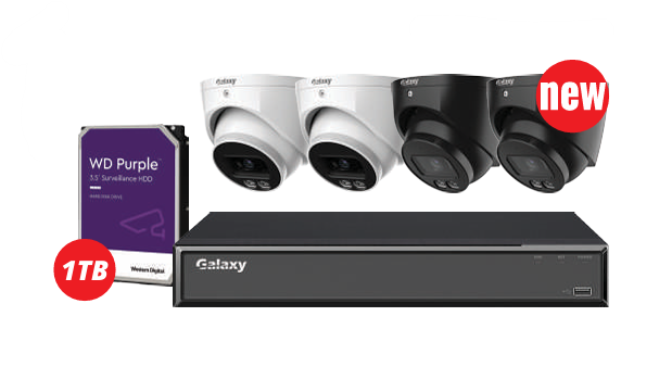 Galaxy Security Galaxy Hunter 4K Color247 AI IP Kit with cameras and accessories for high-resolution surveillance.