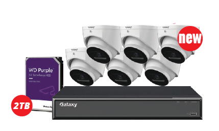 Galaxy Security Galaxy Hunter 4MP Full Color AI ISP 8-channel IP security camera kit with multiple cameras and recording equipment.