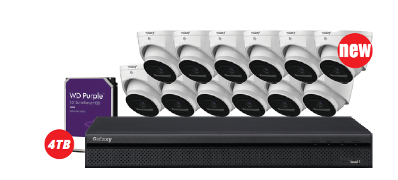 Galaxy Security Galaxy Hunter 4K Color247 AI IP security camera kit with multiple cameras and accessories for surveillance.