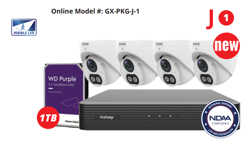 Full color 4MP turret IP camera from Galaxy Pro 4CH security kit, showing sleek black design and lens details.