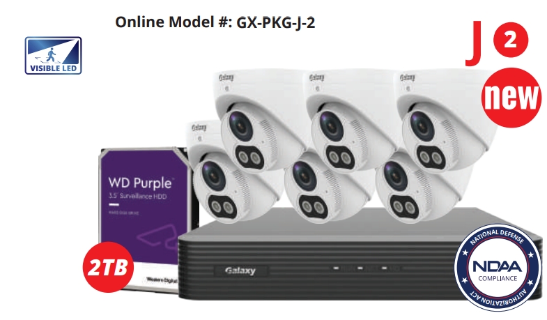 8-channel Galaxy Pro 4MP full color turret IP security camera kit with multiple cameras and accessories.