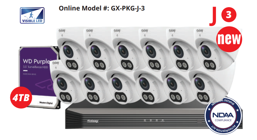 16-channel Galaxy Pro 4MP full color turret IP security camera kit with multiple cameras and accessories.