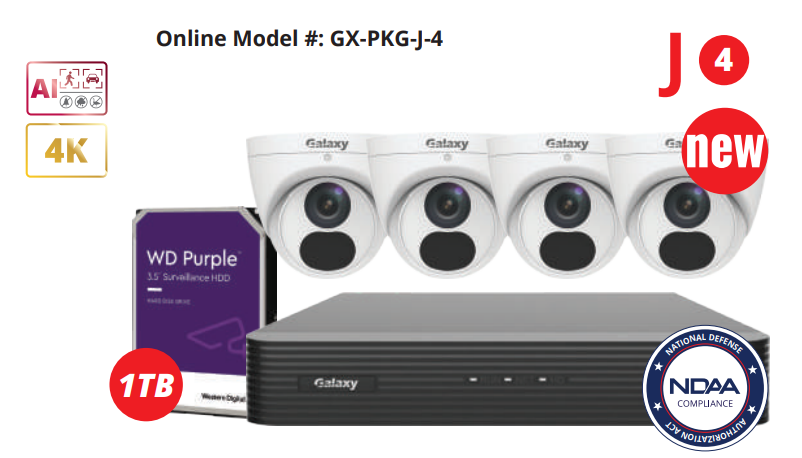 4-channel Galaxy Pro 4K AI IP security camera kit with four cameras and accessories, designed for high-resolution surveillance.