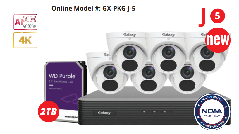 8-channel Galaxy Pro 4K AI IP security camera kit with multiple cameras and network recorder, emphasizing high-resolution surveillance.