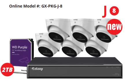 8-channel Galaxy Hunter 4MP Full Color AI ISP IP security camera kit showing cameras and network equipment.