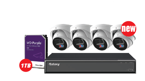 4CH Galaxy Hunter 4K security camera kit with active deterrence, two-way audio, AI detection, and full-color night vision.