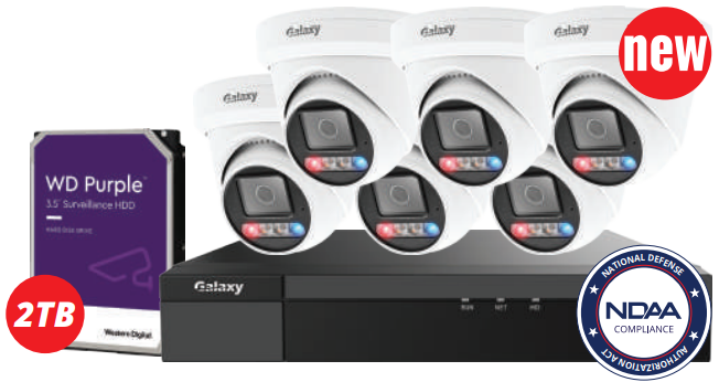 8-channel Galaxy Color-V 6MP active deterrence AI PoE IP security camera kit showing multiple cameras with full-color imaging