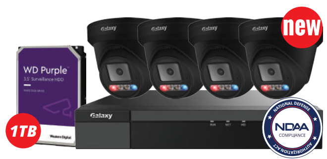 4-channel Galaxy Color-V 6MP active deterrence AI PoE IP security camera kit with full color imaging and night vision.