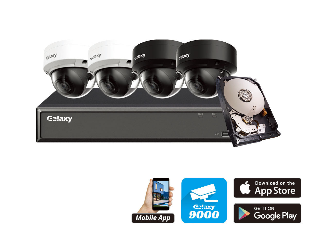 Galaxy Hunter 4CH 4MP Starlight IP AI Mini Dome Kit camera with night vision and sleek design, ideal for home security.