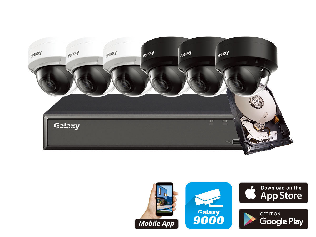 Galaxy Hunter 8CH 4MP Starlight IP AI mini dome security camera kit with four cameras and sleek design.