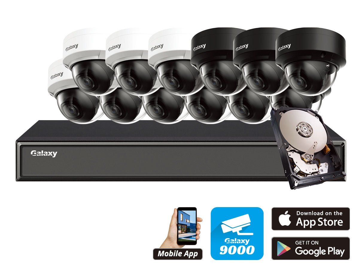 Galaxy Hunter 16CH 4MP Starlight AI IP mini dome security camera kit with sleek design and advanced night vision capabilities.