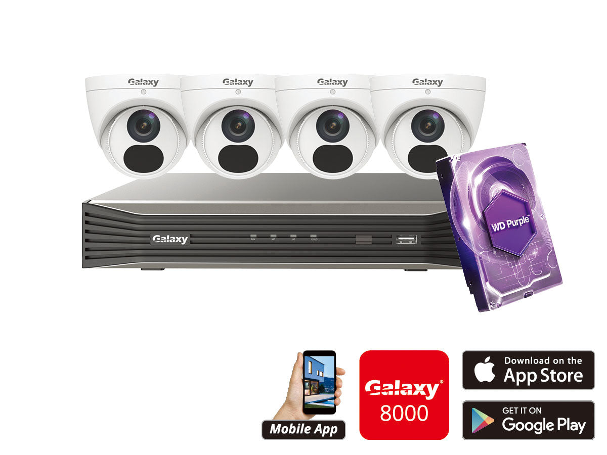 Galaxy Elite 4-channel 2MP IP turret camera kit with four security cameras and mounting hardware, ideal for home or business surveillance.