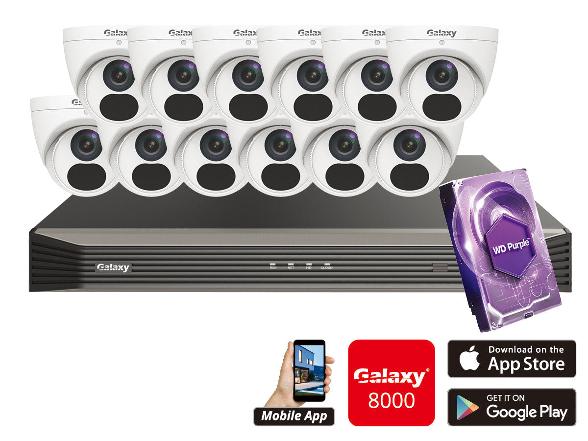 My Store Galaxy Elite 16-channel 2MP IP turret security camera kit with multiple cameras mounted on a wall.