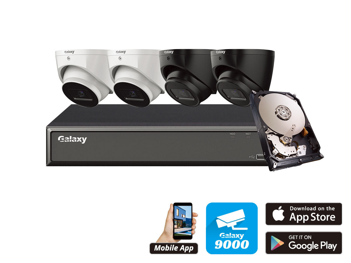 Galaxy Hunter 4CH 4MP Starlight AI IP turret security camera kit with multiple cameras and durable mounting hardware.