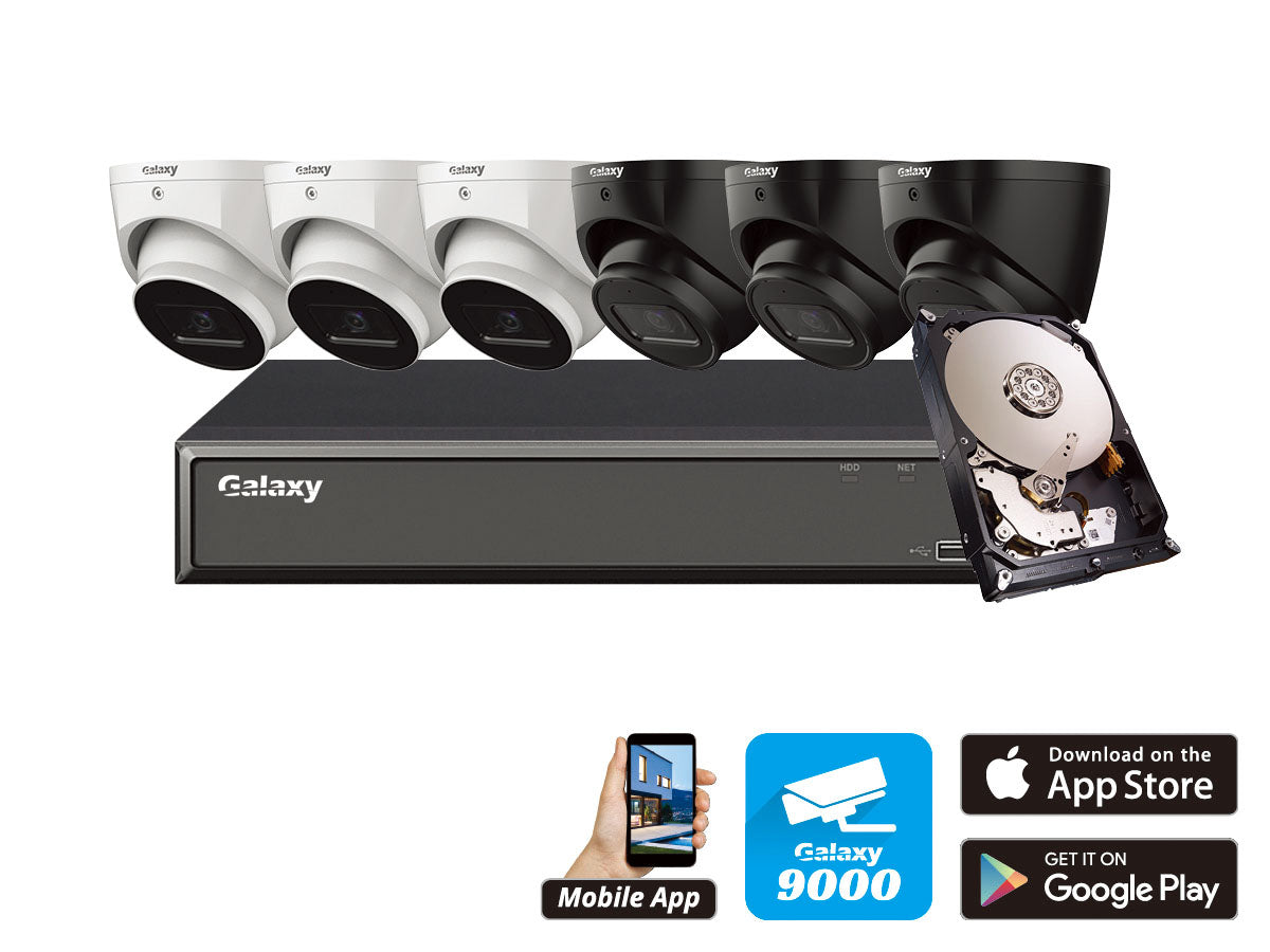 Galaxy Hunter 8CH 4MP Starlight AI IP turret security camera kit with four cameras and sleek black housing.
