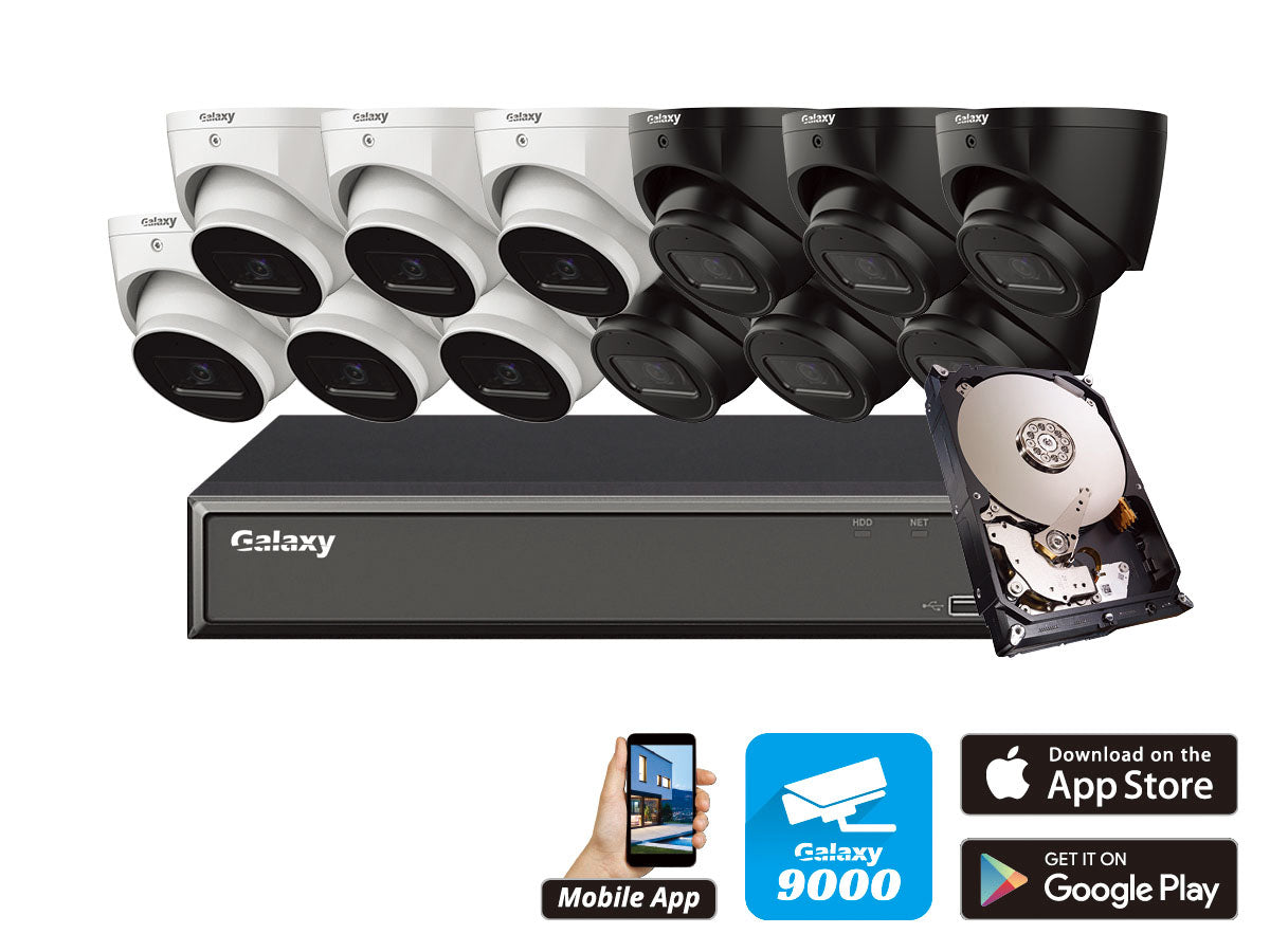 Galaxy Hunter 16CH 4MP Starlight AI IP turret camera kit with multiple cameras and cables for home or security use