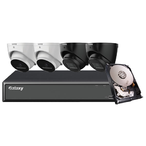 My Store Hunter Series 4K Starlight IP Turret Camera kit with sleek black design and multiple security cameras.