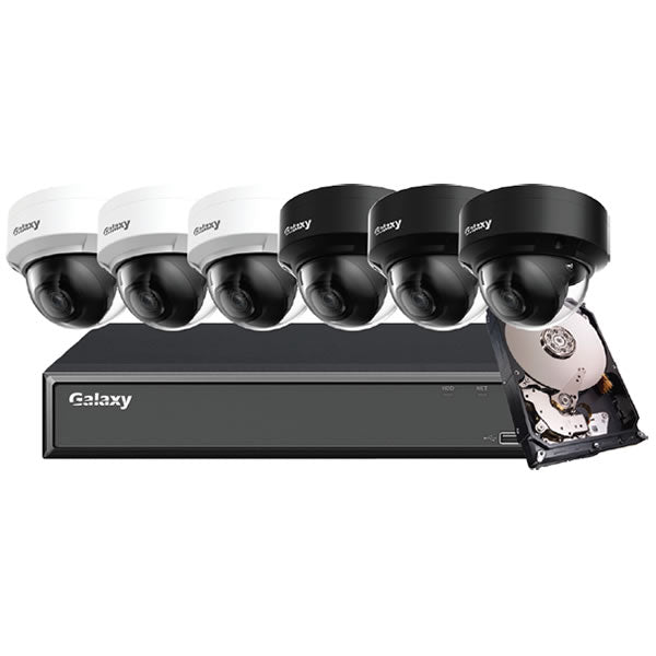 Hunter Series AI 4MP Starlight IP turret security camera kit with black housing and adjustable mount.