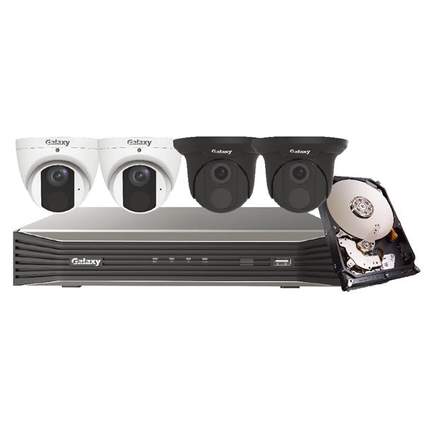 Pro Series 4MP IP turret security camera kit by My Store, showing multiple cameras with outdoor weatherproof housings.