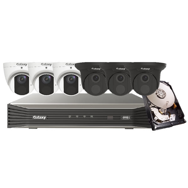 Pro Series 4MP IP turret security camera kit with four cameras and mounting hardware, designed for surveillance.