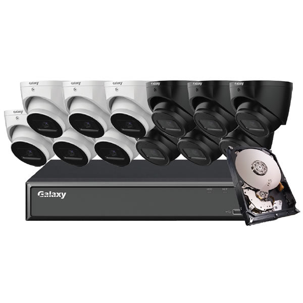 Hunter Series 4K Starlight IP turret security camera kit with multiple cameras and mounting accessories, ideal for surveillance.