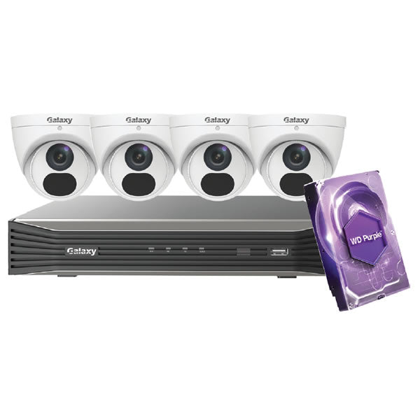 2MP Galaxy Elite IP security camera kit by My Store, featuring sleek black cameras with adjustable mounts and network cables.