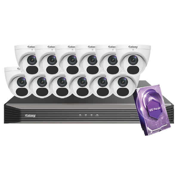 2MP Galaxy Elite IP security camera kit with multiple cameras and accessories, designed for home or business surveillance.