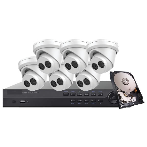 Platinum Series 4K IP turret camera kit with multiple cameras and mounting accessories, designed for high-resolution security surveillance.