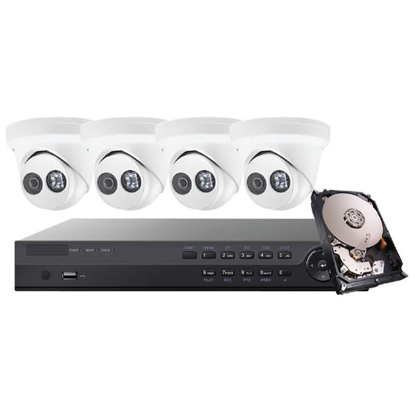 4MP IP mini dome security camera kit from Platinum Series by My Store, featuring sleek black surveillance cameras.